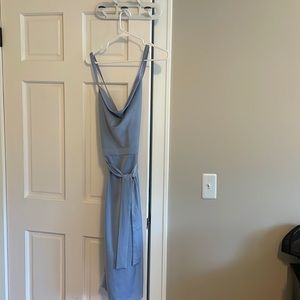 Crossback Cowl Neck Satin Dress in Periwinkle.